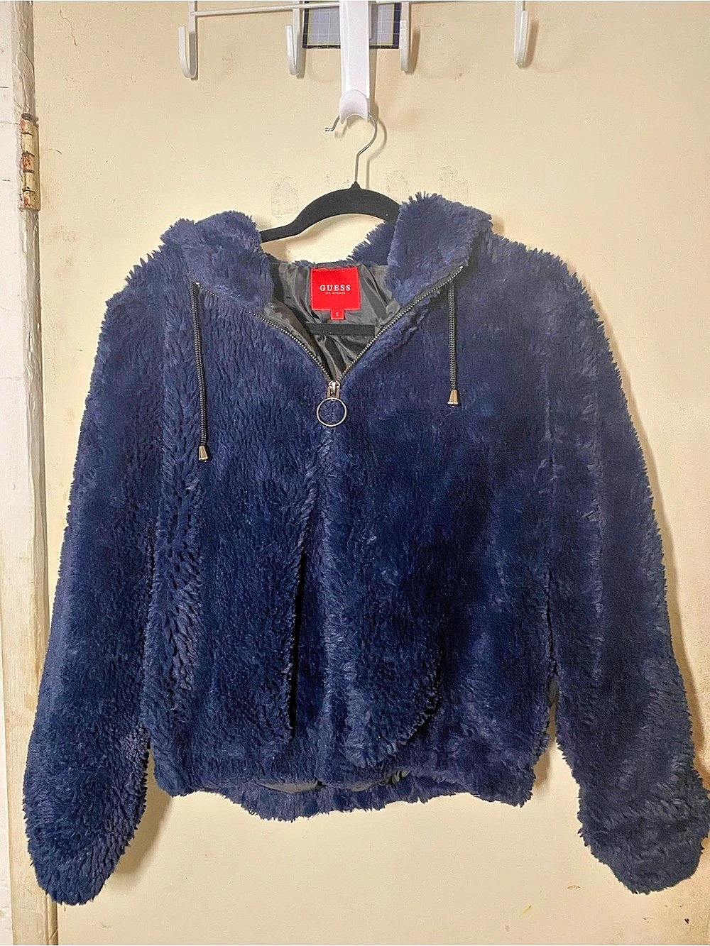 Guess Faux Fur Hooded Jacket in Blue Like New